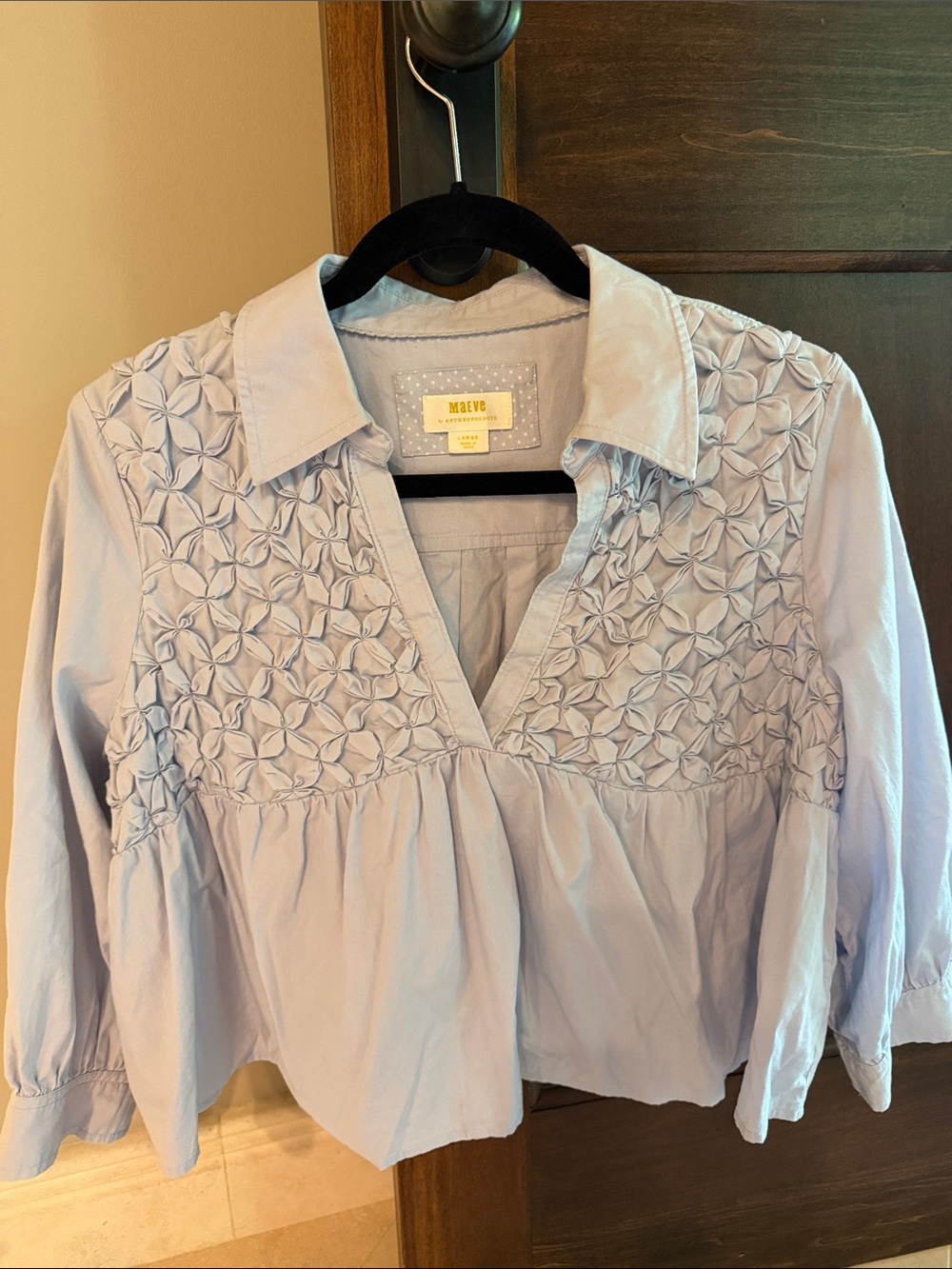 Maeve Pale Blue Embroidered Cotton Peasant Blouse